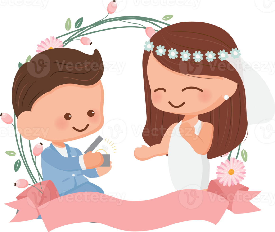 cute wedding couple in flower wreath flat style for valentine's day or wedding card png