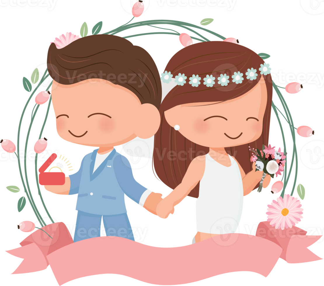 cute wedding couple in flower wreath flat style for valentine's day or wedding card png