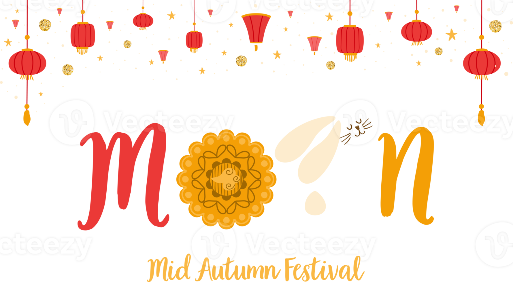 maan festival Aziatisch vakantie. belettering maan met konijn, maancake. Chinese vertalen midden herfst festival. schattig nacht horizontaal banier voor Koreaans chuseok Japans tsukimi. maan PNG illustratie.