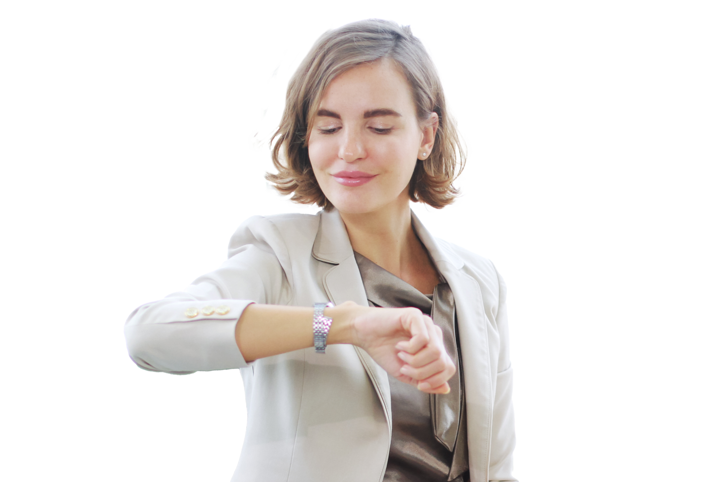 Smiling Successful Caucasian businesswoman Watching wristwatch for relaxing after finish work at modern office png