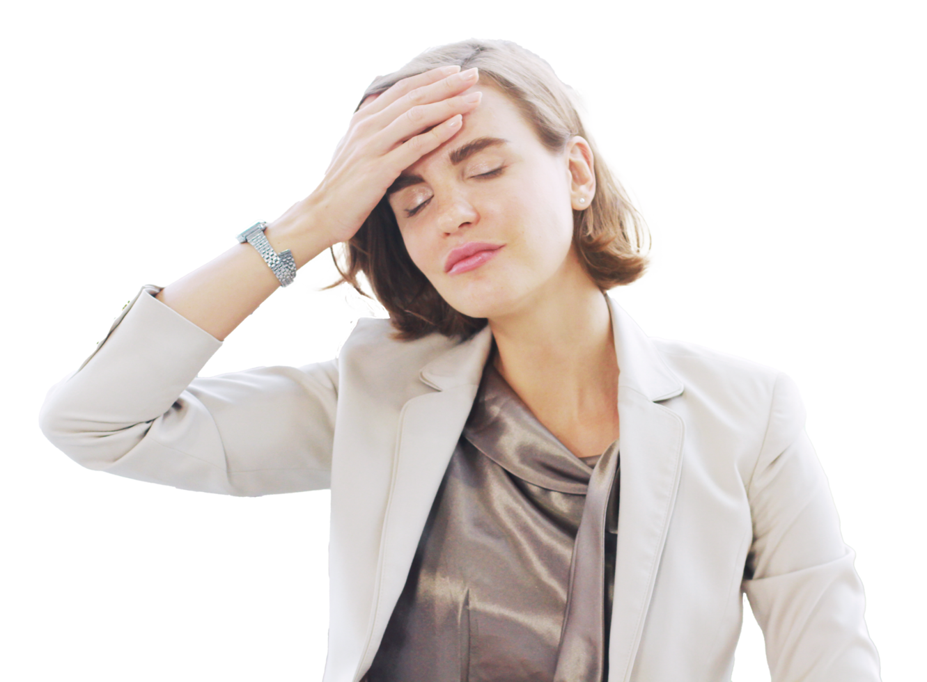 femme d'affaires a donc essayé des maux de tête et du stress en travaillant à la table d'ordinateur de bureau. concept de symptômes du syndrome de bureau. png