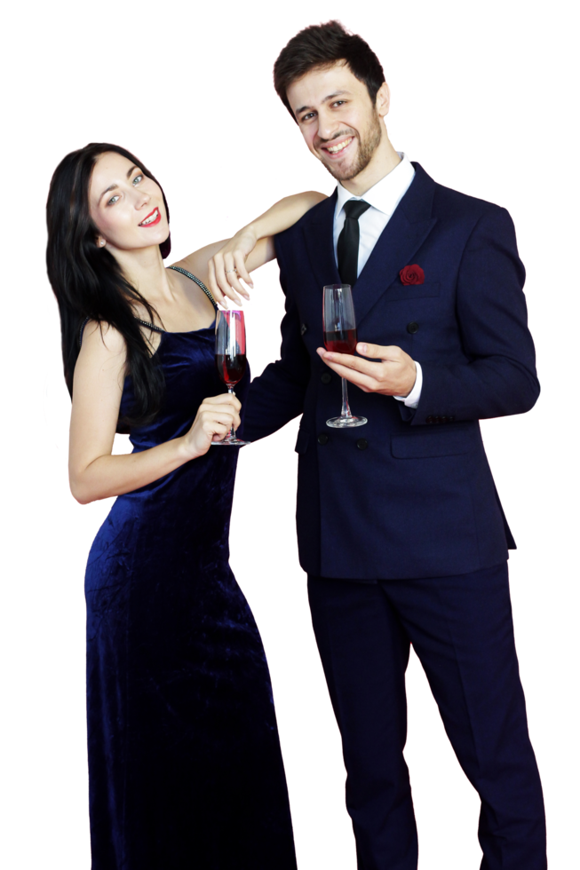 Sweet couple Love smile and spending Romantic with drinking wine in christmas time and celebrating new year eve, valentine day with colorful balloon on red background png