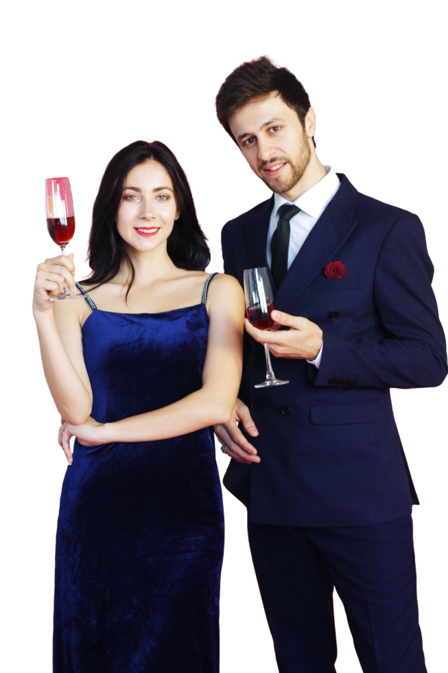 Sweet couple Love smile and spending Romantic with drinking wine in christmas time and celebrating new year eve, valentine day with colorful balloon on red background png