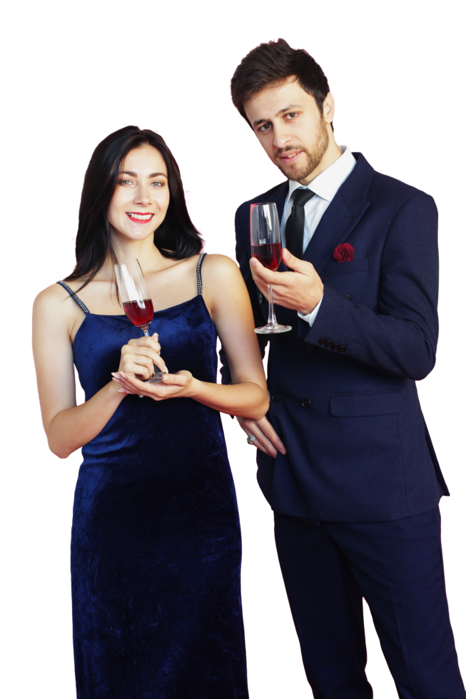 Sweet couple Love smile and spending Romantic with drinking wine in christmas time and celebrating new year eve, valentine day with colorful balloon on red background png