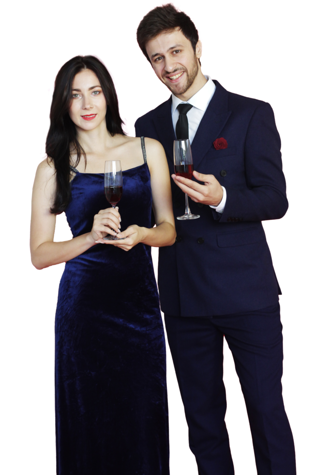 Sweet couple Love smile and spending Romantic with drinking wine in christmas time and celebrating new year eve, valentine day with colorful balloon on red background png