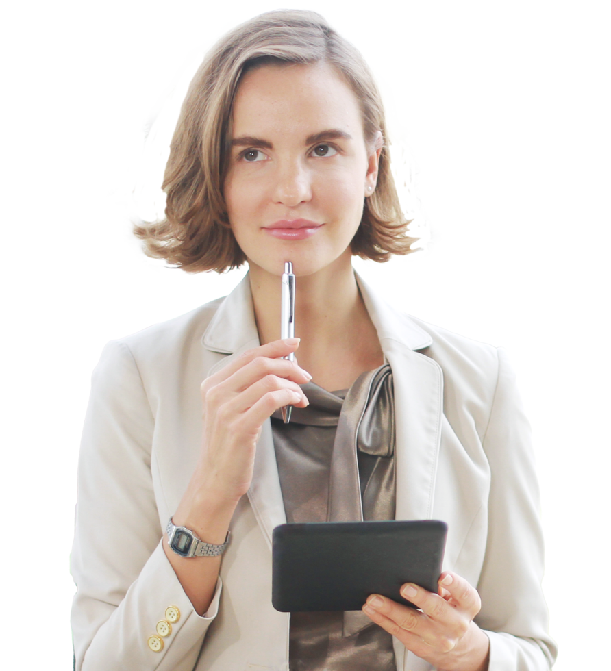 Businesswoman in white suit hand holding pen and tablet for writing and thinking in job at workspace in office png