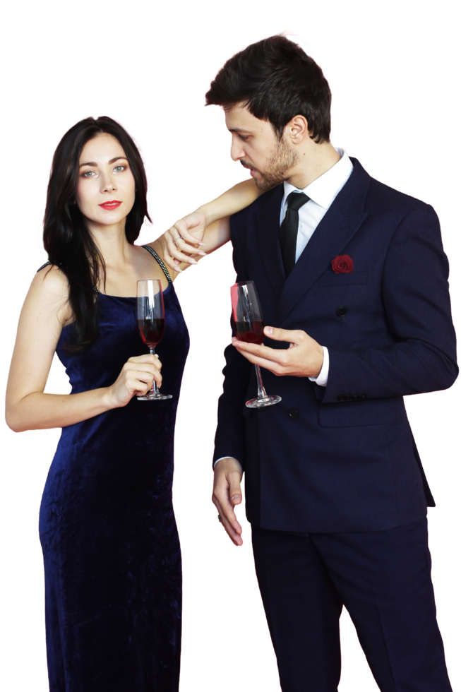söta par älskar leende och att spendera romantiskt med att dricka vin i jultid och fira nyårsafton, alla hjärtans dag med färgglad ballong på röd bakgrund png