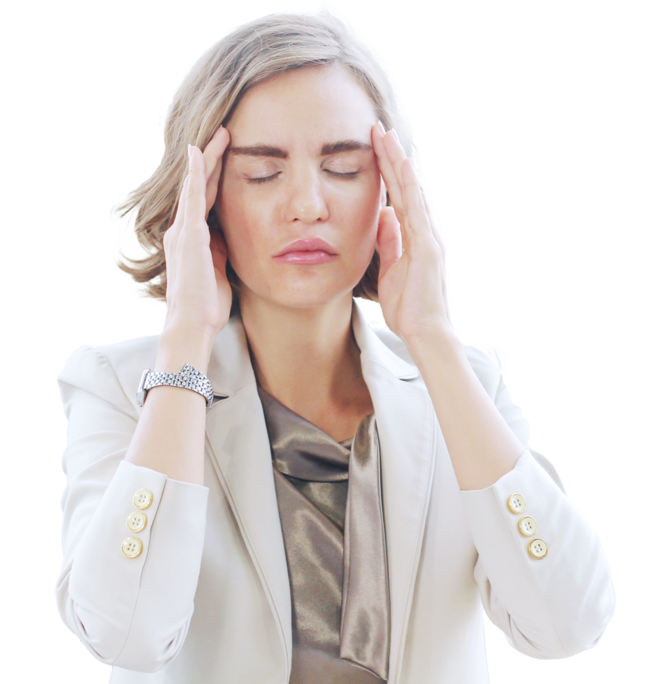 Businesswoman so tried headache and suffering stress working at office computer table. Office Syndrome Symptoms Concept. png