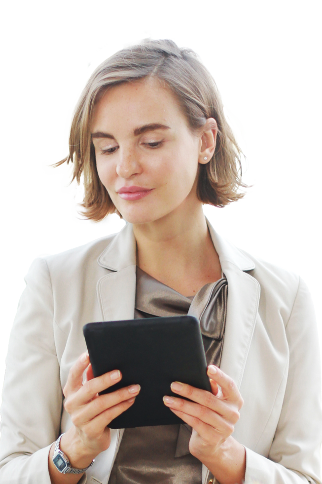 Businesswoman in white suit hand holding tablet for searching on website and thinking in job at workspace in office png