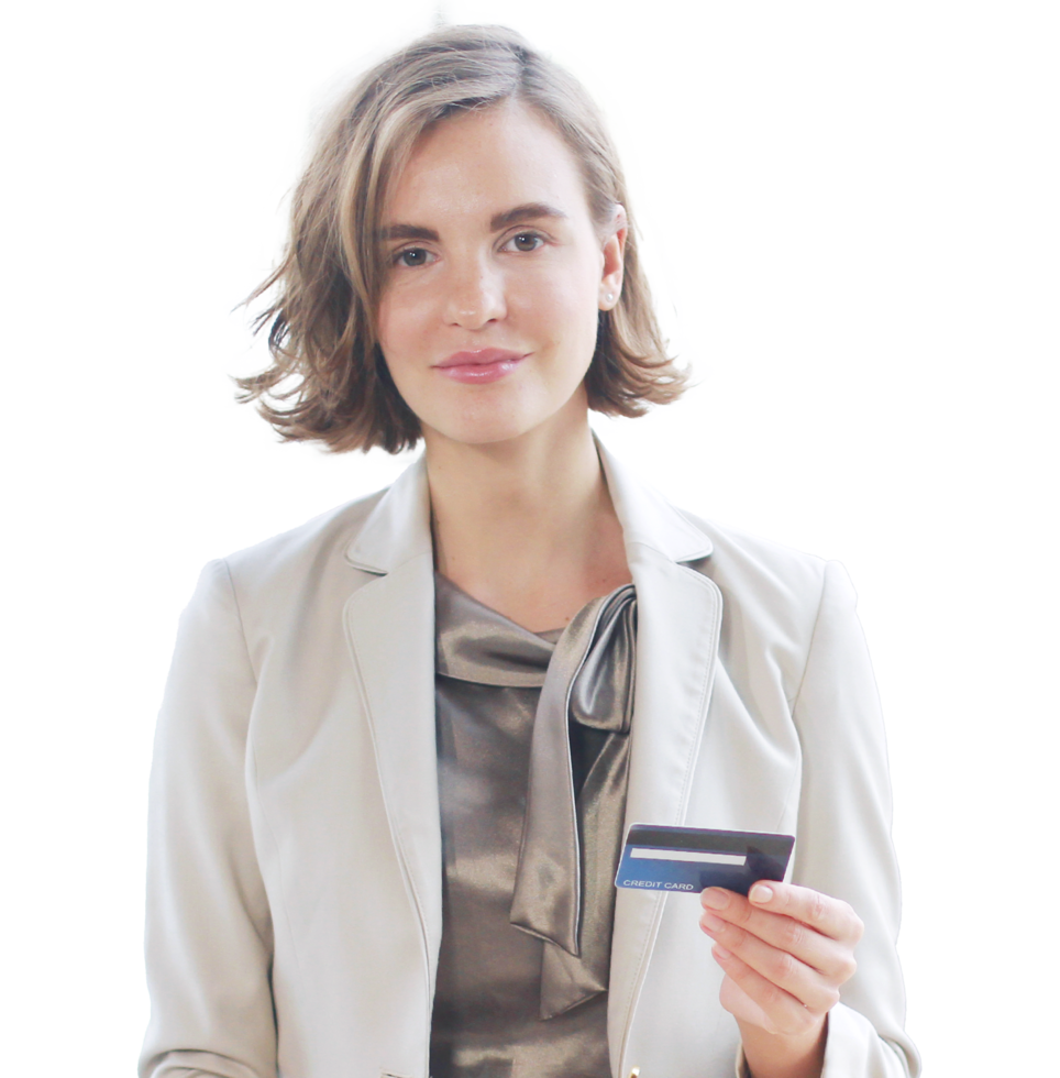 Businesswoman smiling and Hands holding credit card with payment for shopping png