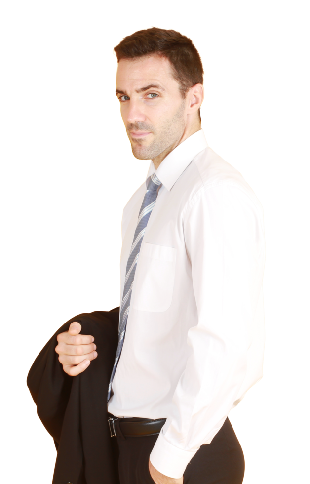 stilig och smart affärsman i kostym och vit skjorta avkopplande på isolerad på gul bakgrund. png
