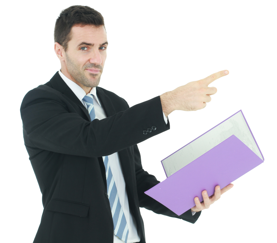 Handsome Caucasian businessman in black suit and holding violet document file and index finger to forward isolated on white background. png