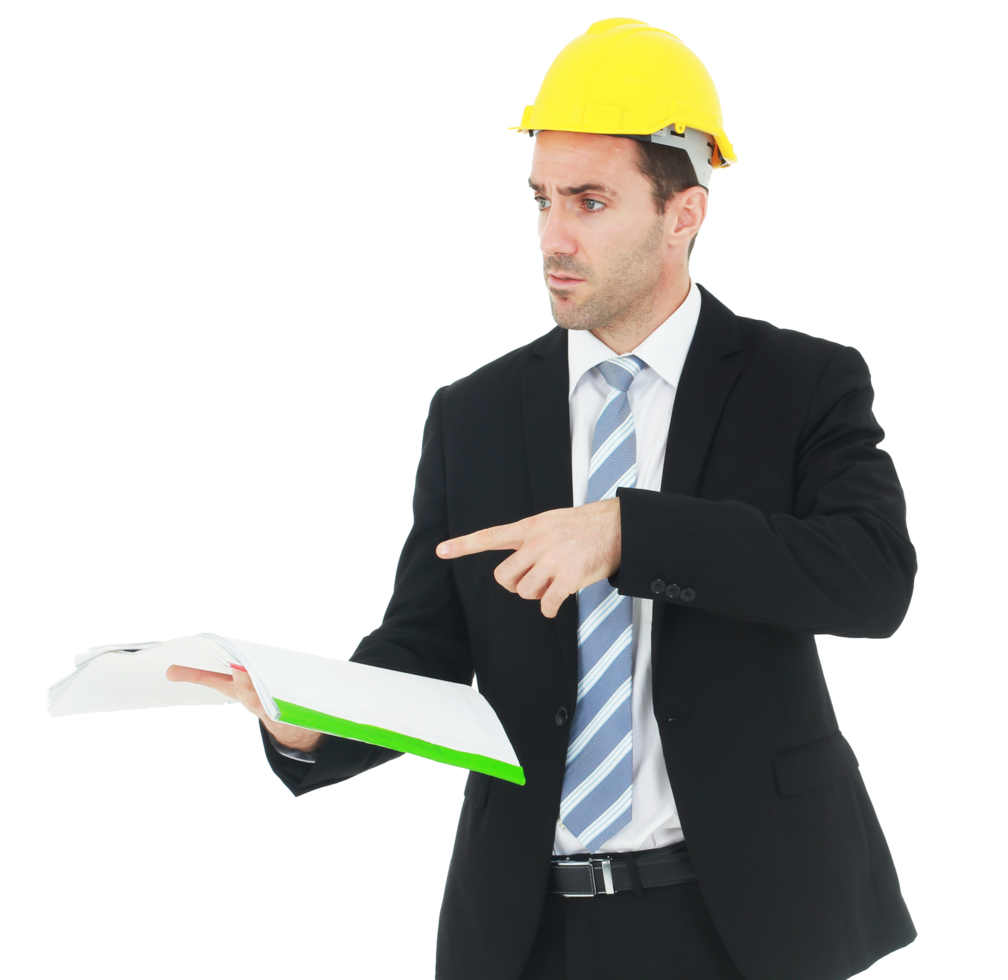 Handsome and smart engineer in black suit Wearing a yellow safety engineering hat with hand holding Construction drawing papers and serious in work isolated on yellow background. png