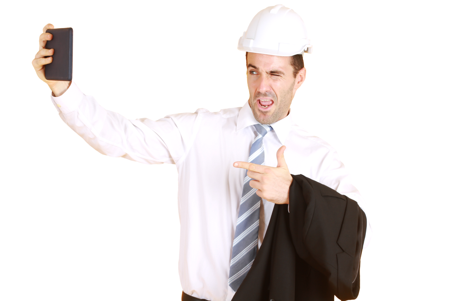 Handsome smart engineer or architecture is Wearing a white safety hat with hand holding smartphone and enjoy with Selfie by himself isolated on yellow background. Copy Space png
