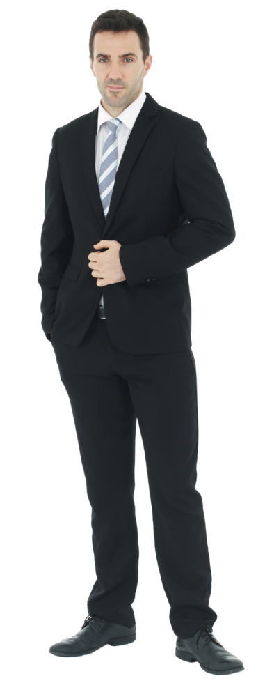 hübscher und intelligenter Geschäftsmann im schwarzen Anzug lokalisiert auf weißem Hintergrund. Platz kopieren png
