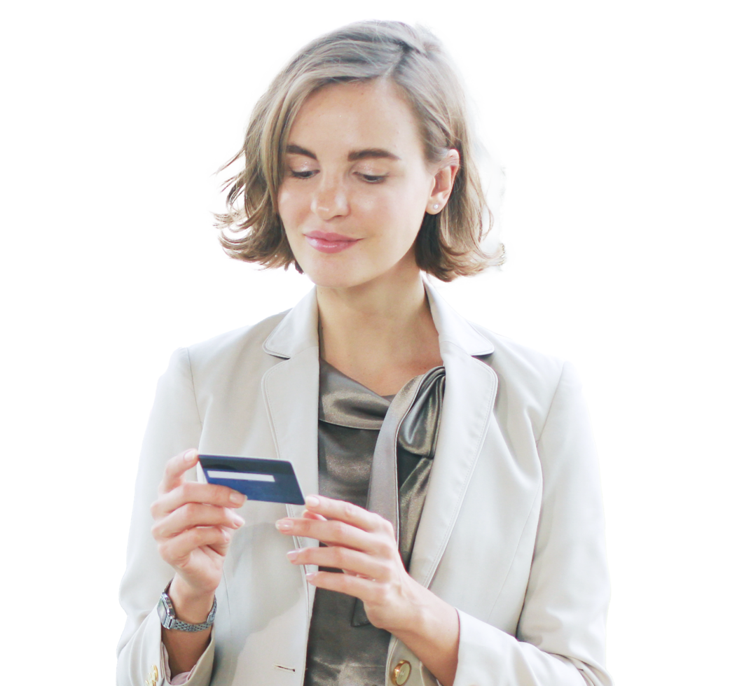 Businesswoman smiling and Hands holding credit card with payment for shopping png