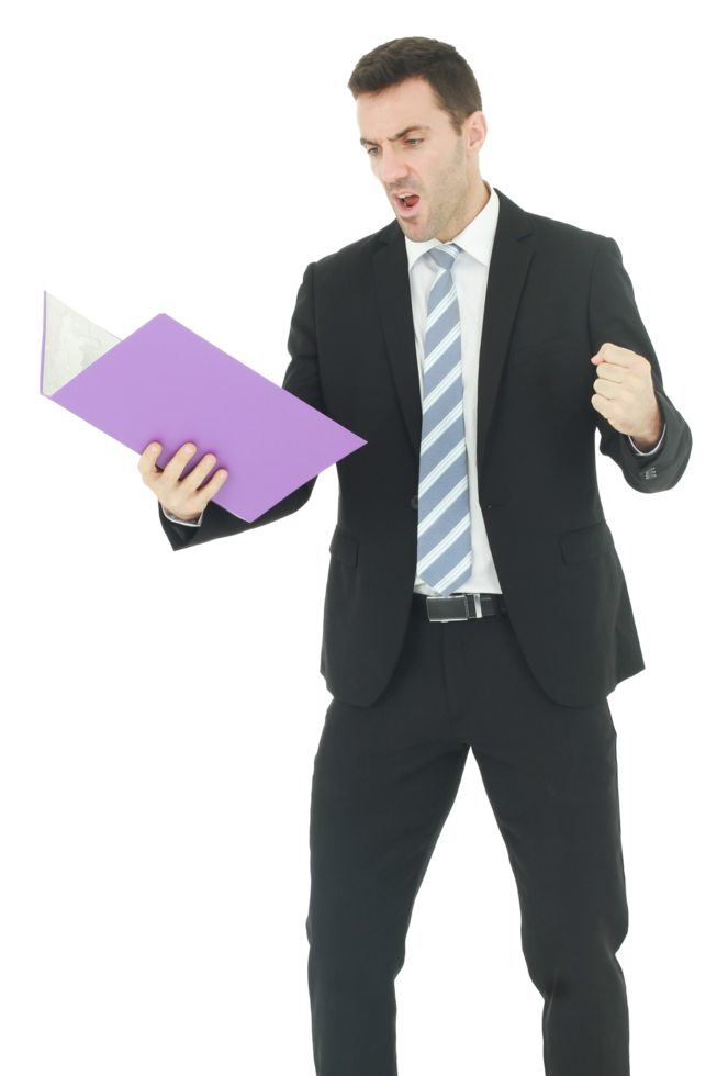 Handsome Caucasian man in black suit holding violet document file and serious in work isolated on white background. png