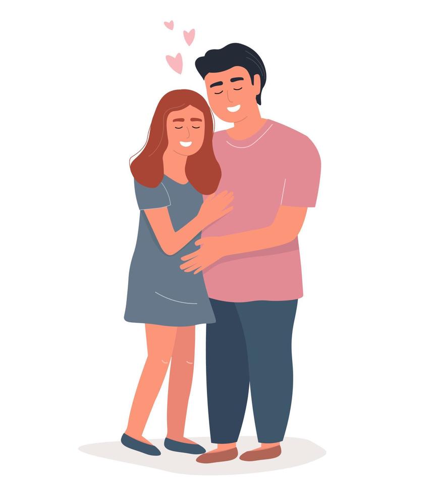 A couple in love hugs. A guy and a girl together in full growth. Illustration for Valentine's Day. Vector graphics.