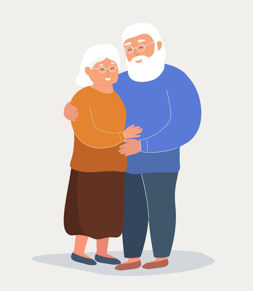 Happy old couple. Cartoon older grandparents hugging together on a white background. The concept of relationships, love, family. Vector illustration.