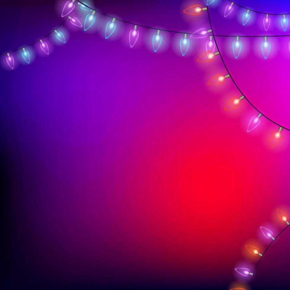 Red and violet Christmas background with lights. Background for post with a place for text. Vector illustration