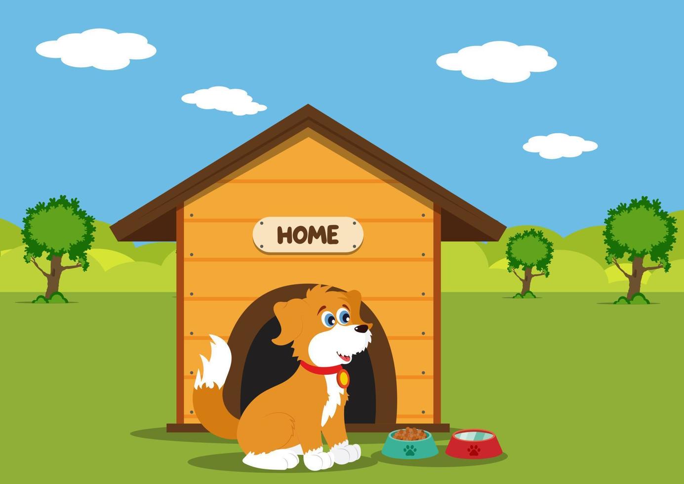 Puppy with his wood house and food bowls vector illustration