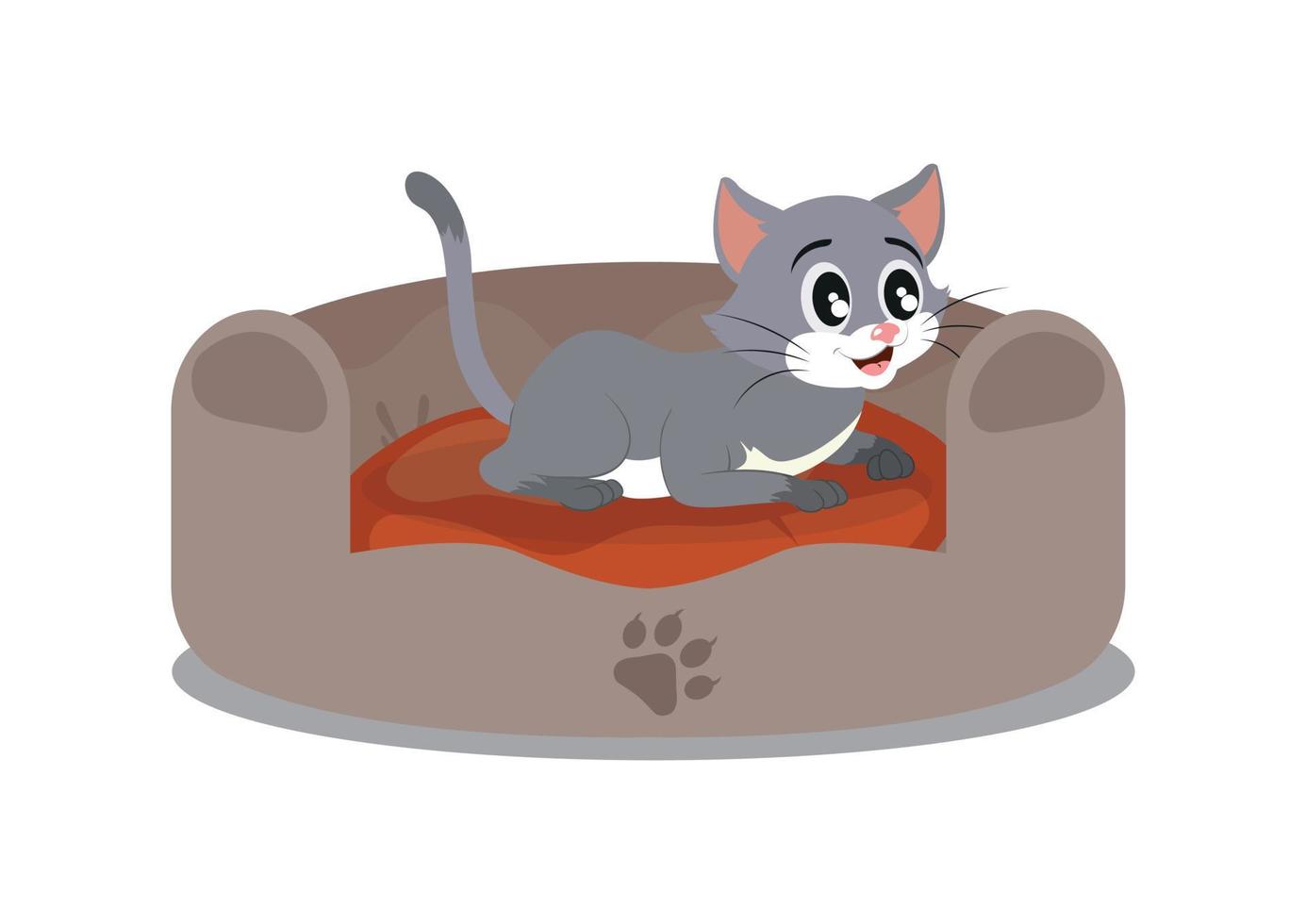 Kitten and her fluffy bed isolated on white background vector illustration