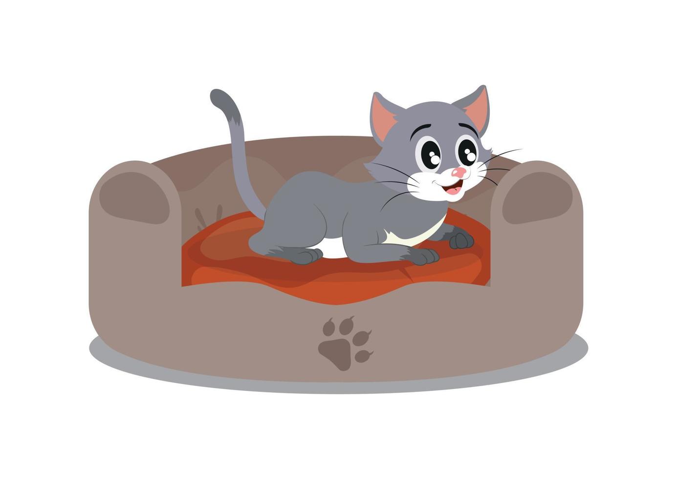 gatito y su cama esponjosa aislado en ilustración de vector de fondo blanco