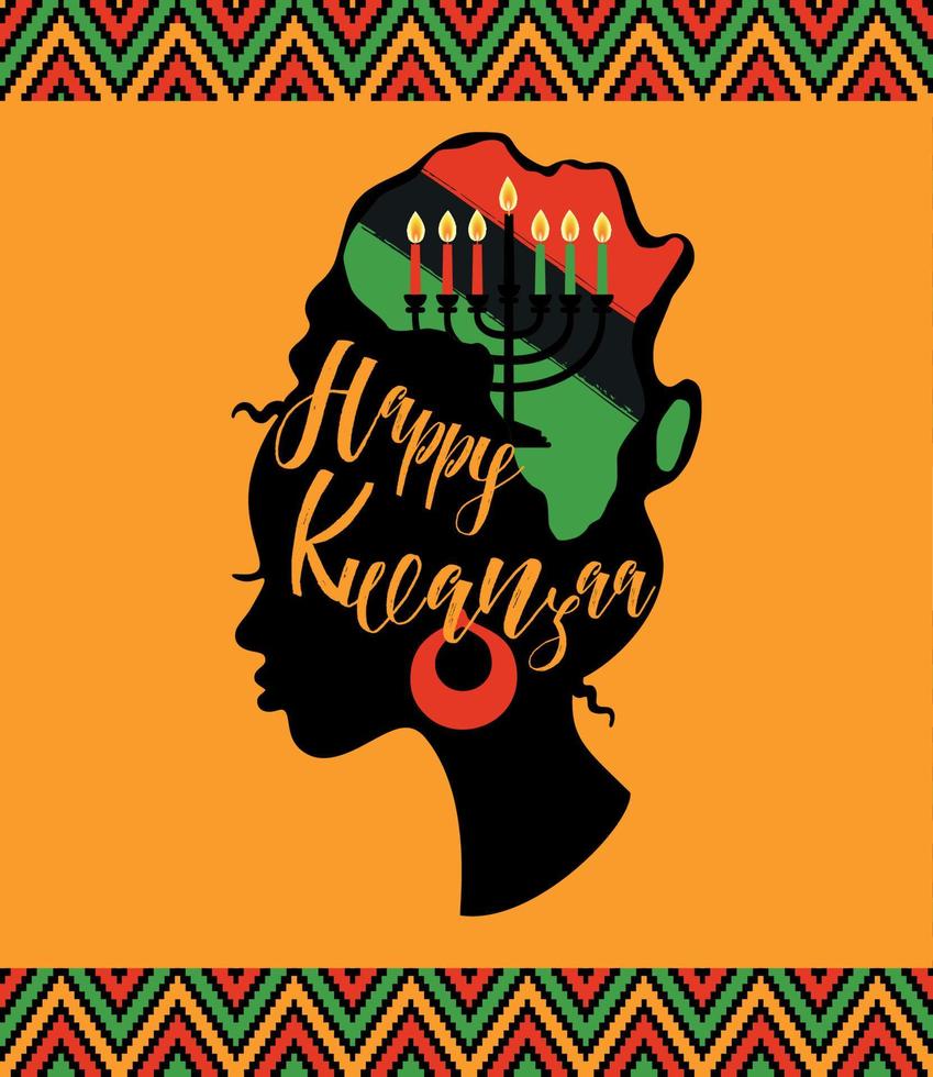 tarjeta de felicitación para kwanzaa con mujeres africanas. ilustración vectorial tarjeta de felicitación decorativa feliz kwanzaa. siete velas kwanzaa en el mapa de áfrica. vector