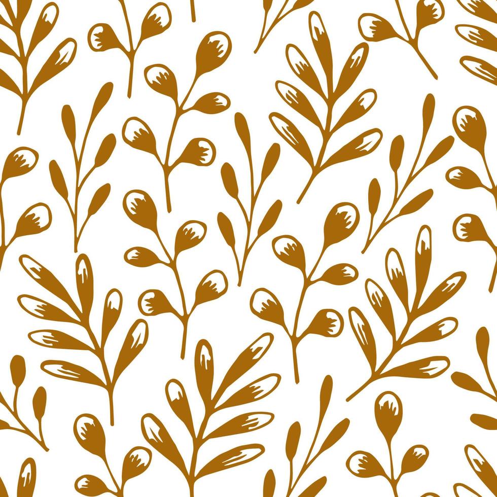 Hand-drawn floral vector seamless pattern. Khaki twigs on a white background. For prints of fabric, packaging, textile products.