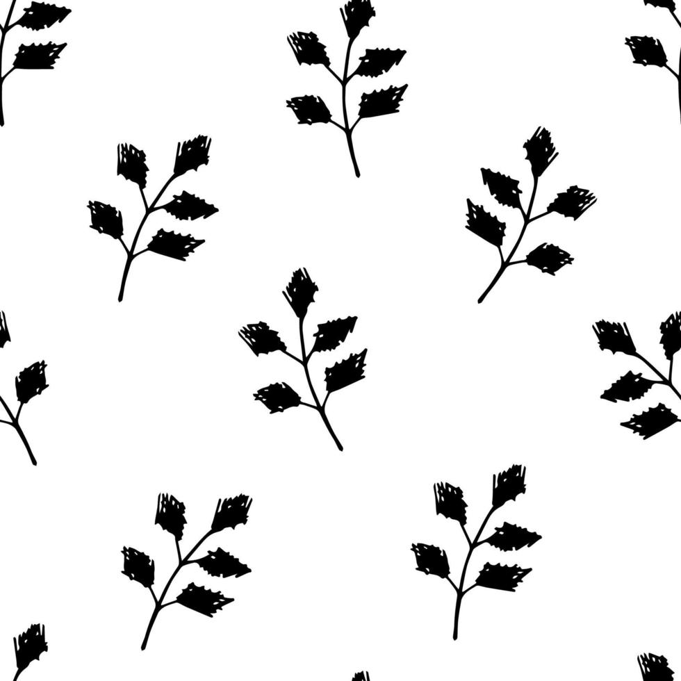 Simple hand-drawn floral vector seamless pattern. Black twigs, leaves on a white background. For prints of fabric, textile products, packaging.