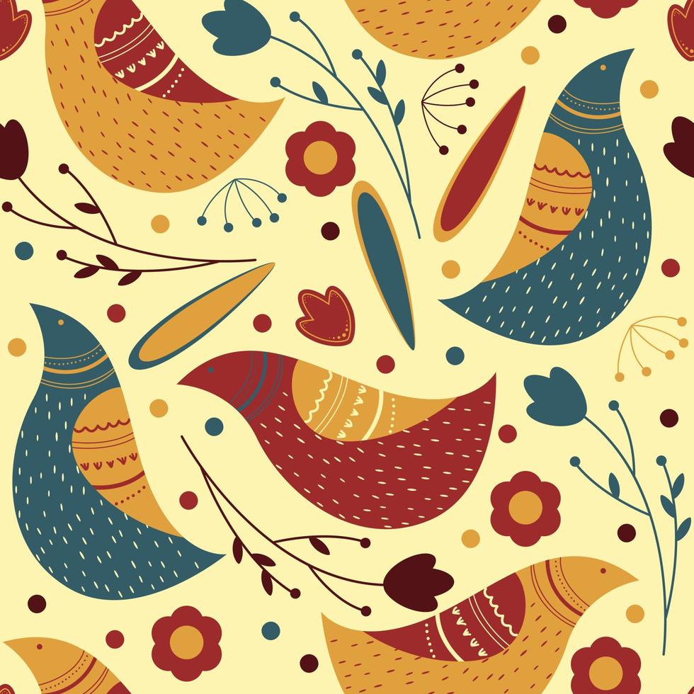 folk seamless pattern with birds vector