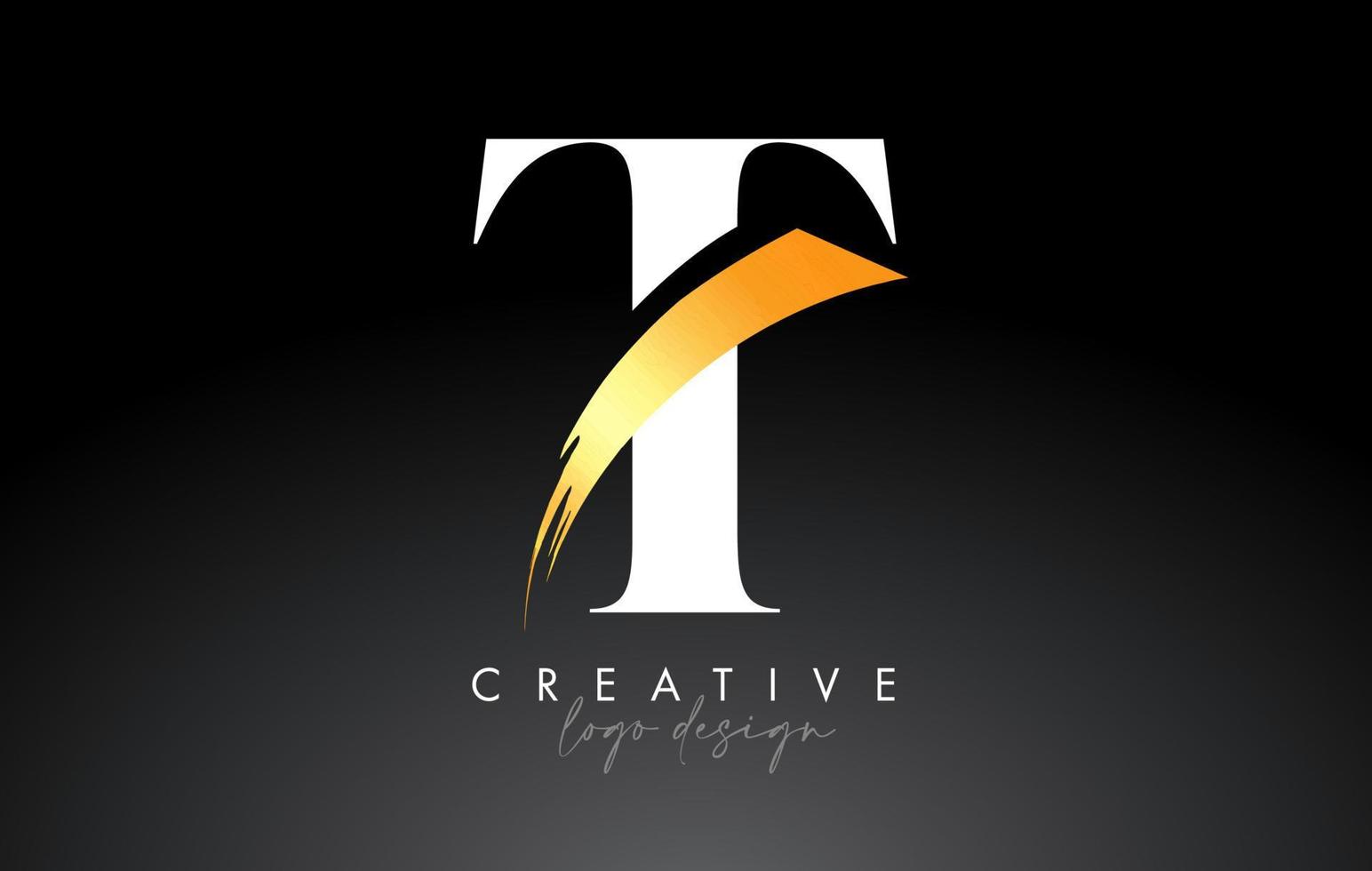 Golden Brush Letter T Logo Design with Creative Artistic Paint Brush Stroke and Modern Look Vector