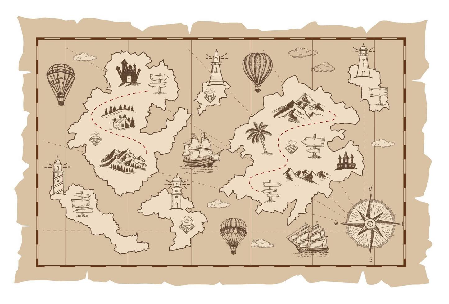 Old treasure map vector sketch. Hand drawn illustrations, vector.