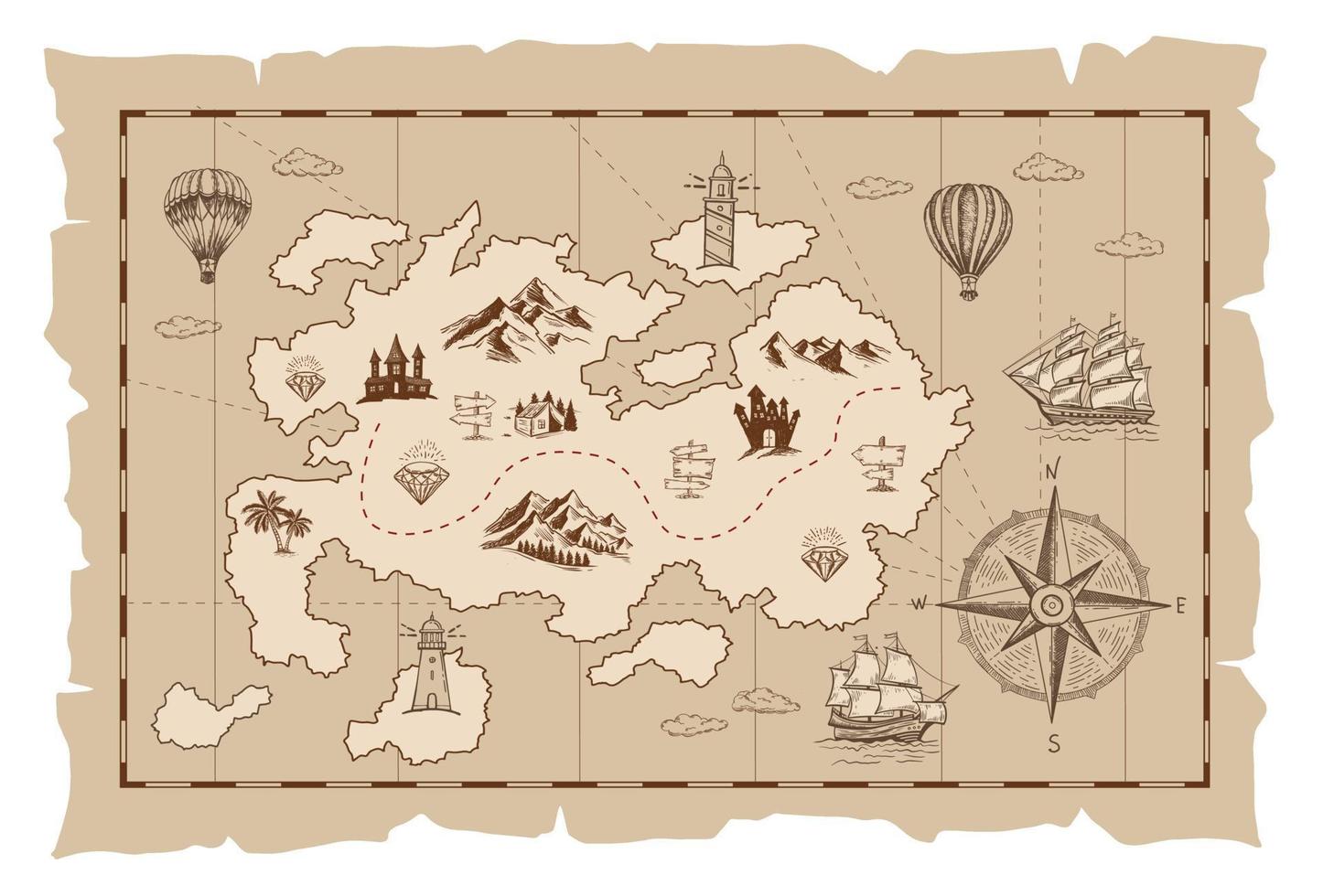 Old treasure map vector sketch. Hand drawn illustrations, vector.