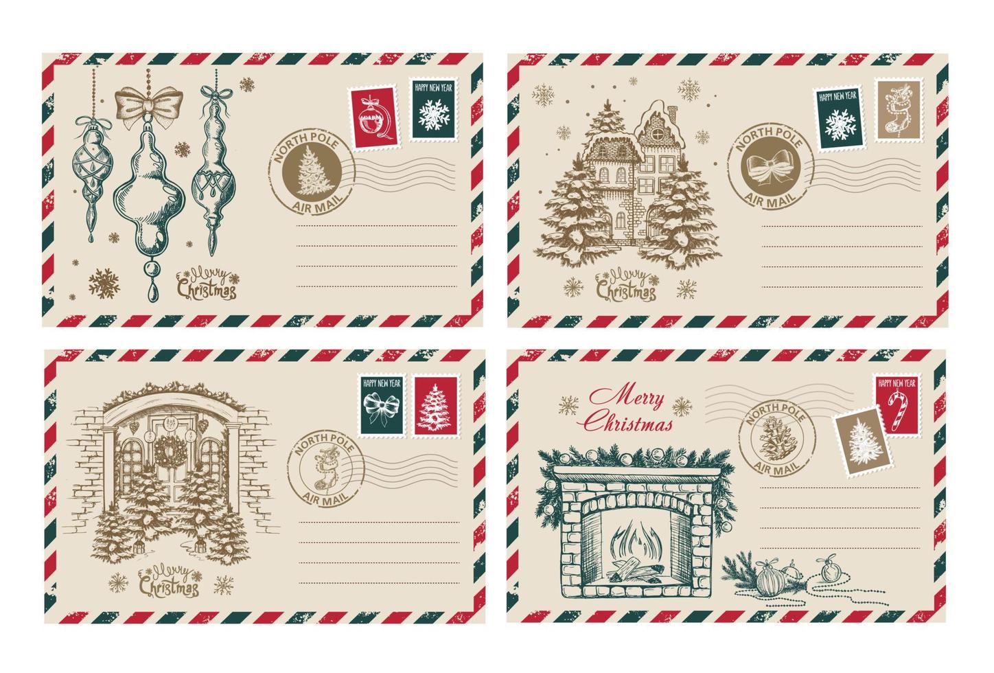 correo de navidad, postal, ilustración dibujada a mano. vector