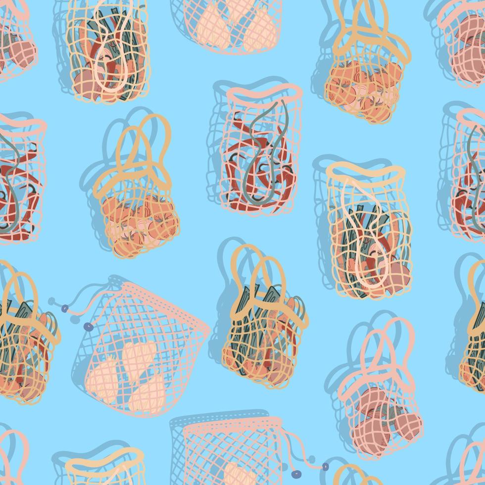 mesh bags with vegetables for salad, carrots, beets, celery, chili peppers and tomatoes for eco friendly living vector seamless pattern.