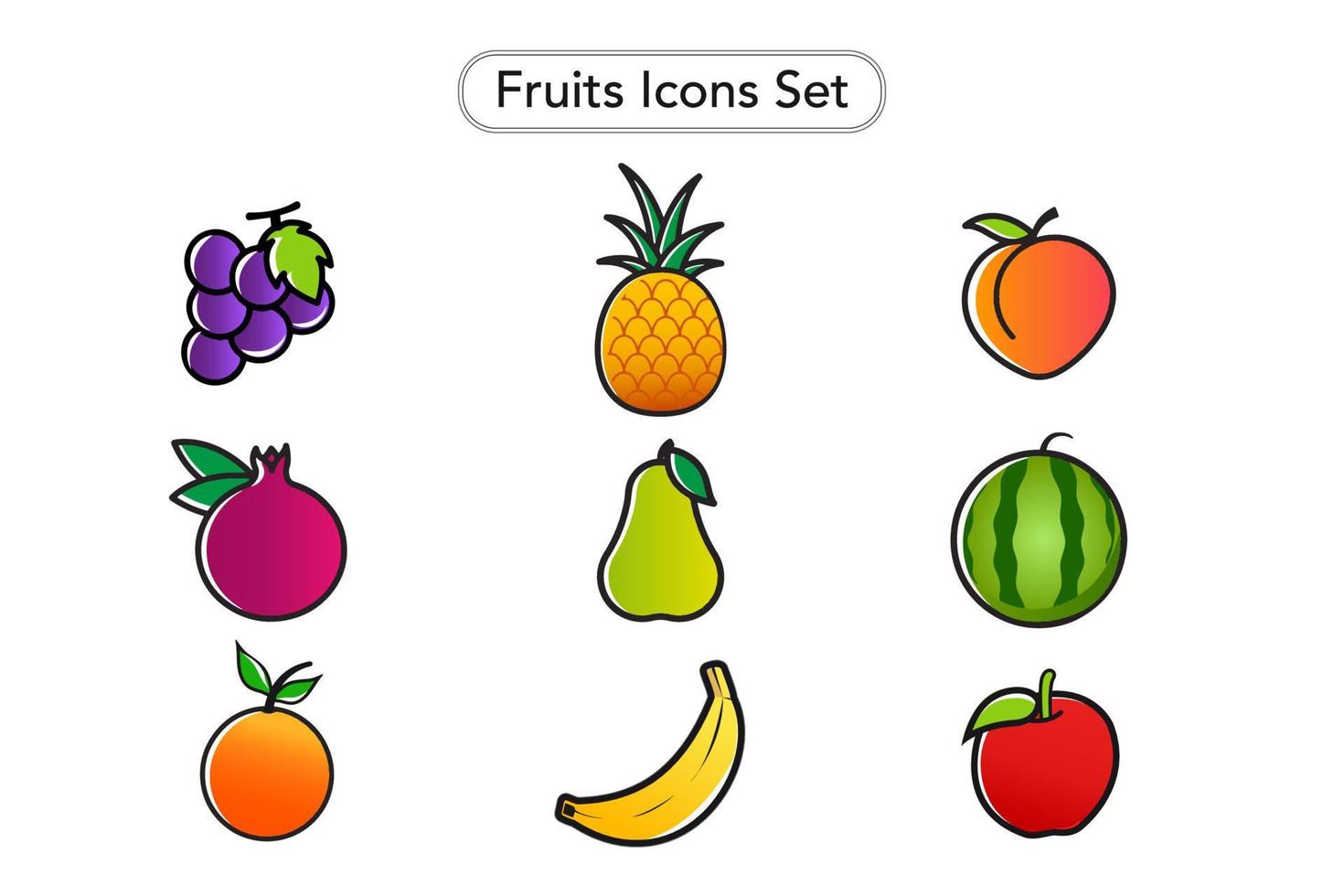 Fruits Icons Set. Fruits Clip arts Collection. Grape, Pomegranate, Peach, Pineapple, Pear, Watermelon, Apple, Orange and Banana. Fruits Stickers Set. vector