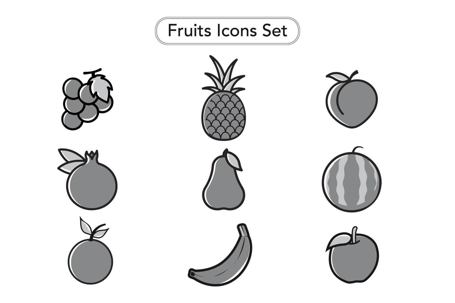 conjunto de iconos de frutas. colección de imágenes prediseñadas de frutas. uva, granada, melocotón, piña, pera, sandía, manzana, naranja y plátano. conjunto de pegatinas de frutas. vectores en blanco y negro