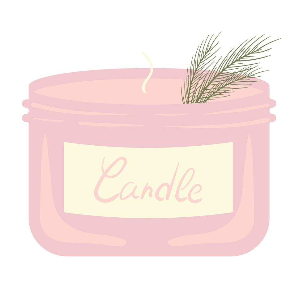 handmade paraffin scented candle in a glass jar with a coniferous branch for aromatherapy vector