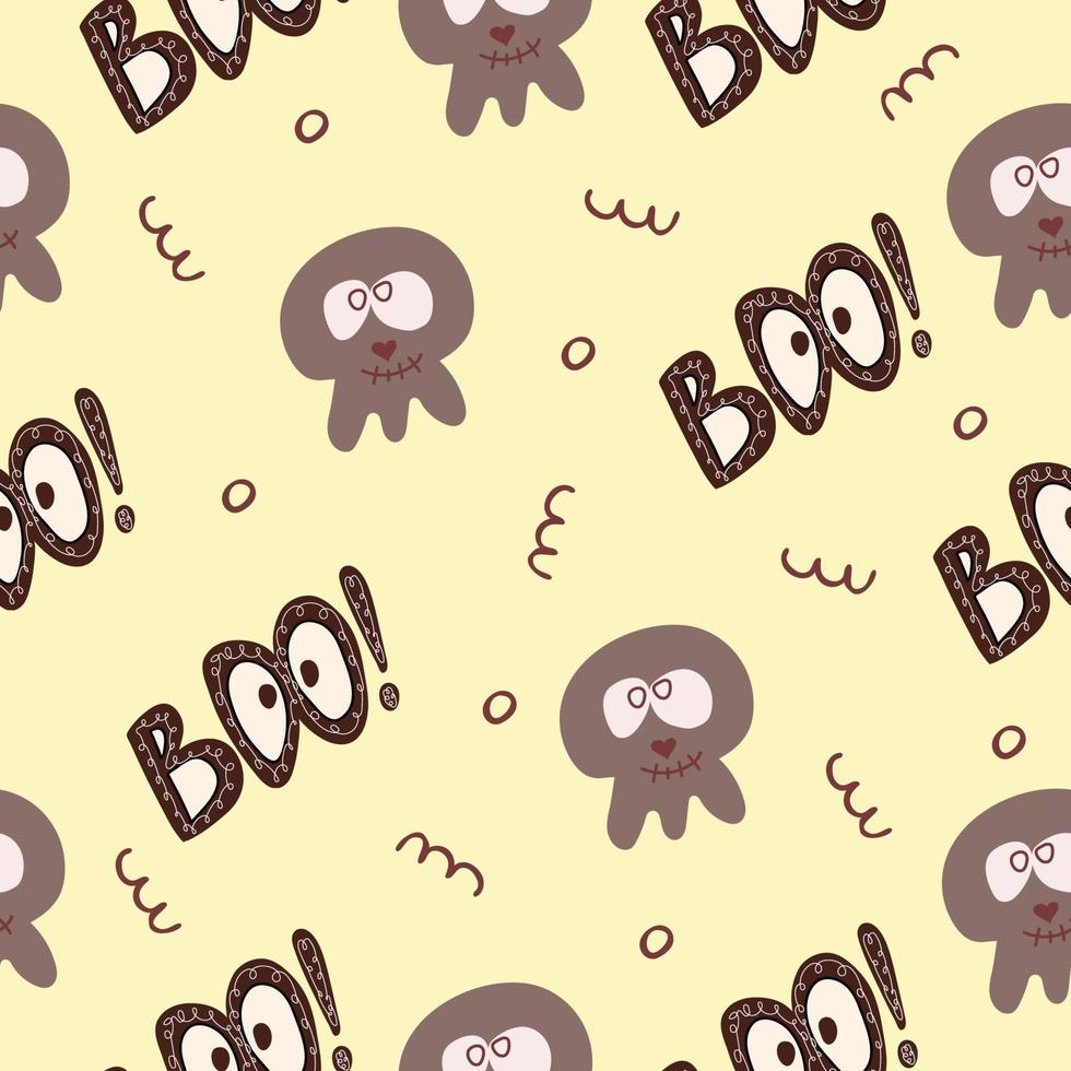 Seamless pattern for Halloween holiday with cute cartoon skull and Boo Halloween lettering. vector