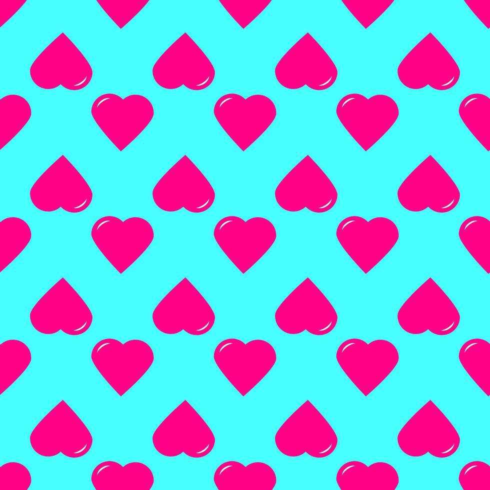 Seamless pattern of staggered pink hearts on a blue background. Vector illustration
