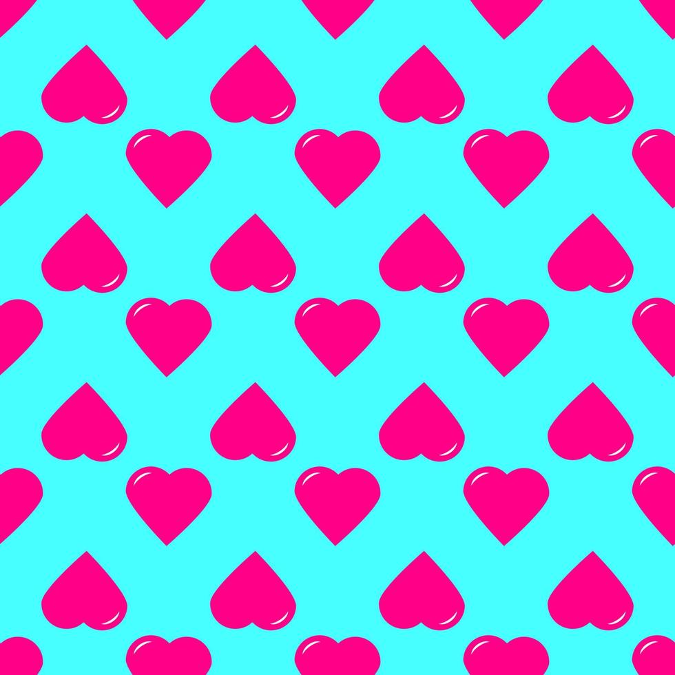 Seamless pattern of staggered pink hearts on a blue background. Vector illustration