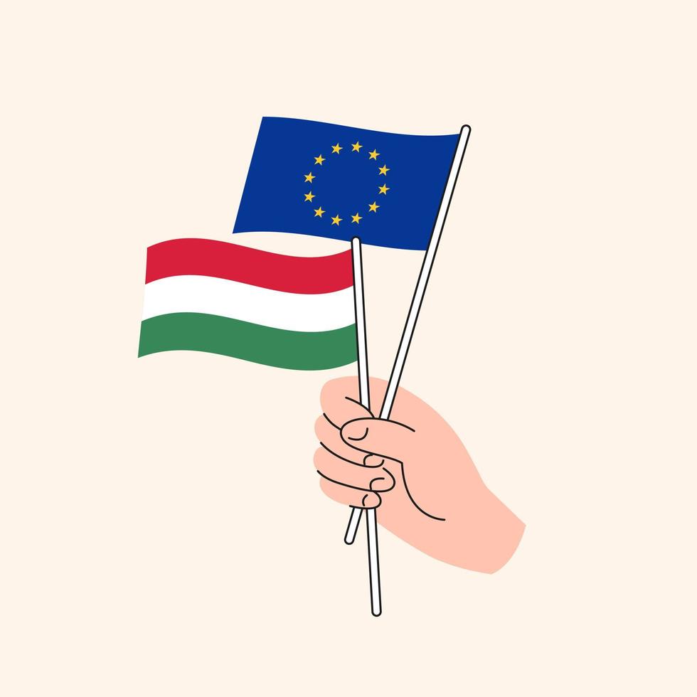 Cartoon Hand Holding European Union And Hungarian Flags. EU Hungary Relationships. Concept of Diplomacy, Politics And Democratic Negotiations. Flat Design Isolated Vector