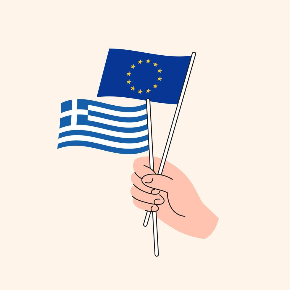 Cartoon Hand Holding European Union And Greek Flags. EU Greece Relationships. Concept of Diplomacy, Politics And Democratic Negotiations. Flat Design Isolated Vector