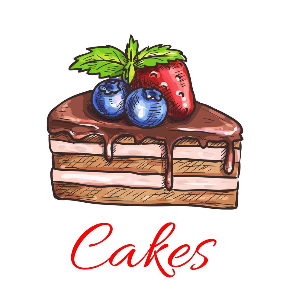 Chocolate cake with fruits isolated sketch vector