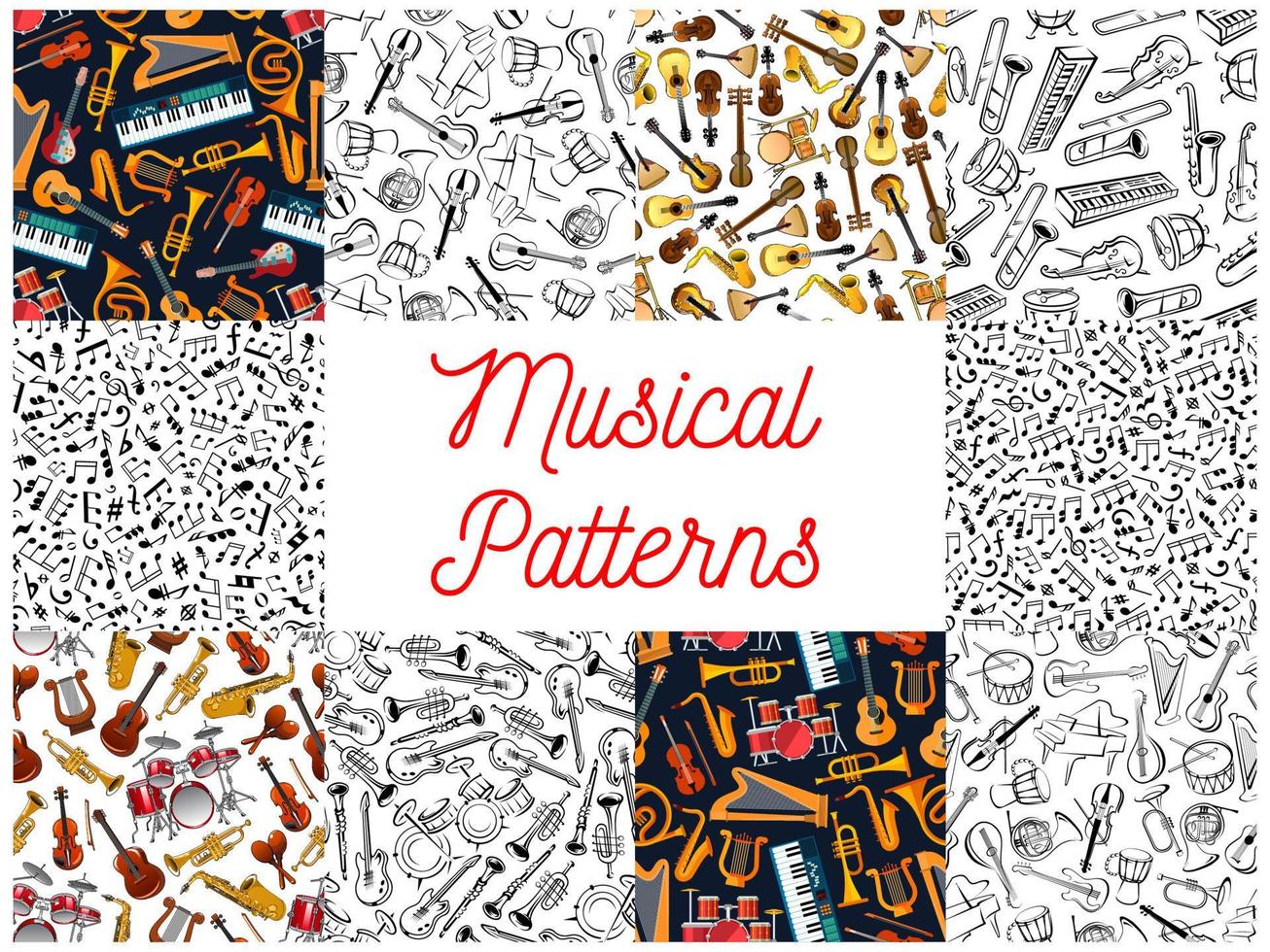 Musical instruments and notes pattern backgrounds vector