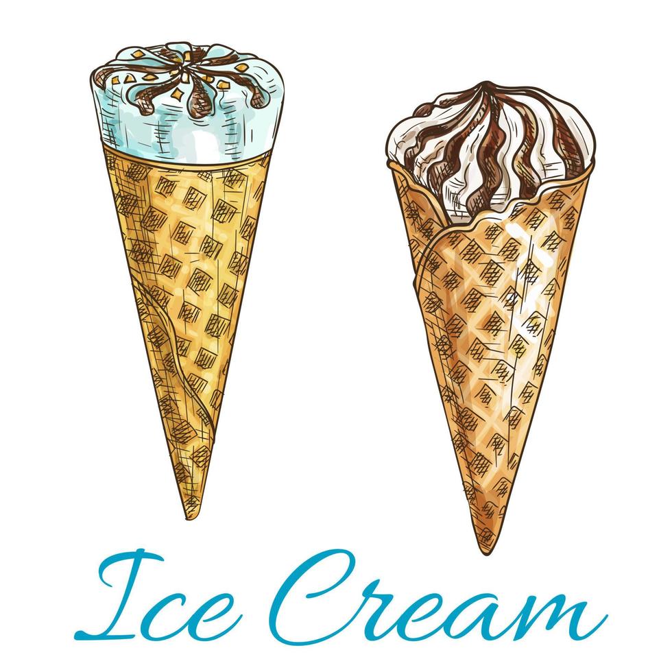 Ice cream wafer cones isolated vector sketch icons