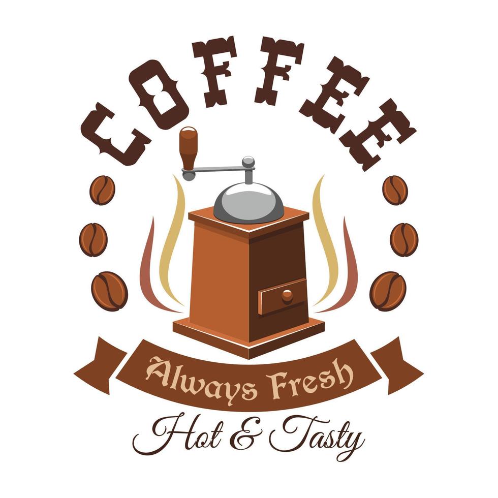 símbolo de café con molinillo de café vintage y frijoles vector