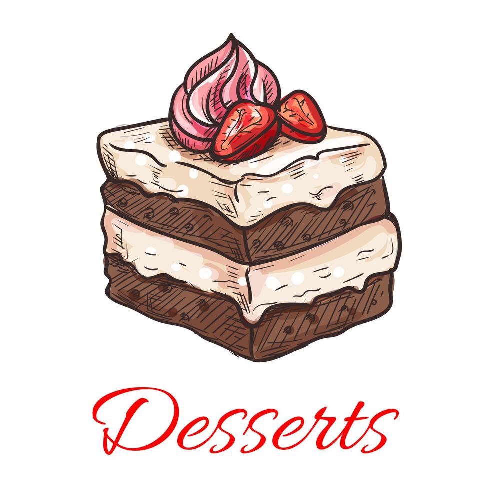 Chocolate cake with strawberry and cream sketch vector