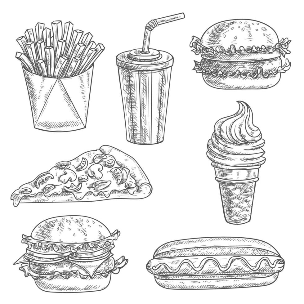 bocadillos de comida rápida y bebidas iconos de boceto vector